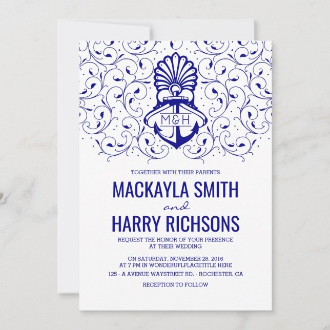 Navy Anchor Nautical Beach Wedding Invitation (Front)
