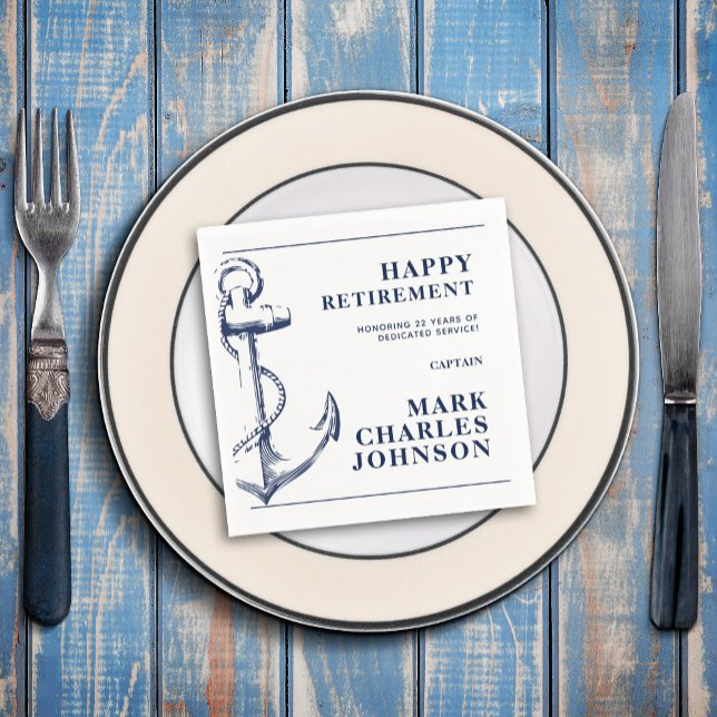 Navy Anchor Nautical Retirement Napkins (Retirement for a Navy Service member should be celebrated with these anchor navy blue napkins.)