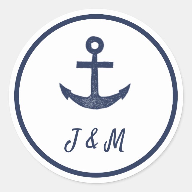 Navy Anchor Nautical Theme Monogram Wedding Classic Round Sticker (Front)
