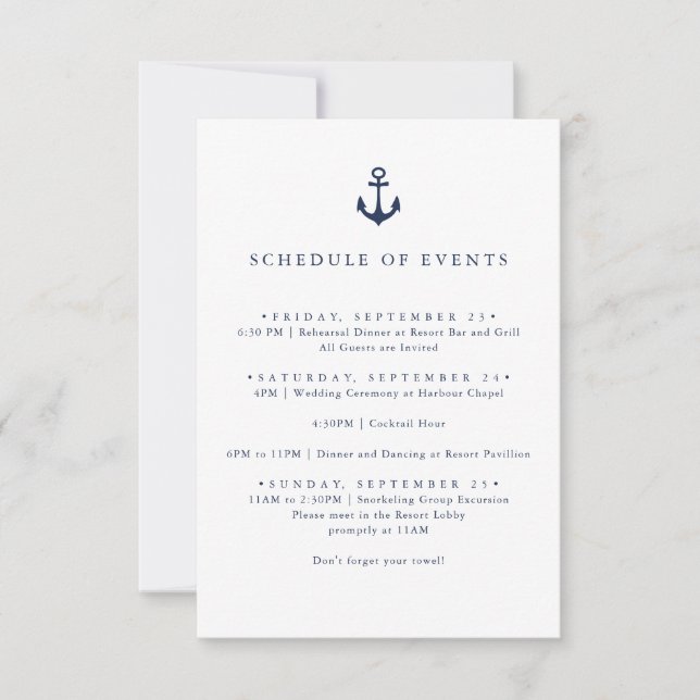 Navy Anchor Nautical Yacht SCHEDULE OF EVENTS Invitation (Front)