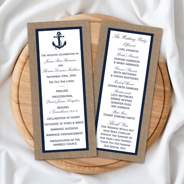 Navy Anchor On Burlap Beach Wedding Program (Creator Uploaded)