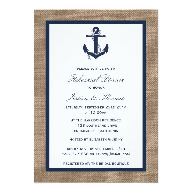 Navy Anchor On Burlap Nautical Rehearsal Dinner Invitation