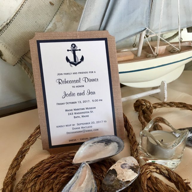 Navy Anchor On Burlap Nautical Rehearsal Dinner Invitation (Creator Uploaded)