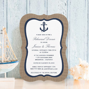 Navy Anchor On Burlap Nautical Rehearsal Dinner Invitation