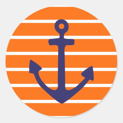 Navy Anchor on Orange Stripe Classic Round Sticker