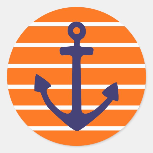 Navy Anchor on Orange Stripe Classic Round Sticker (Front)