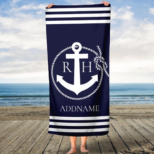 Navy Anchor Personalized Monogram Bath Towel