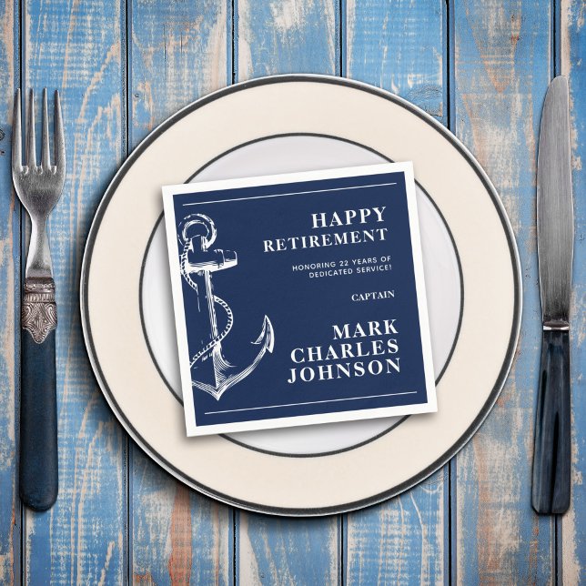 Navy Anchor Retirement Napkins (Retirement for a Navy Service member should be celebrated with these anchor navy blue napkins.)