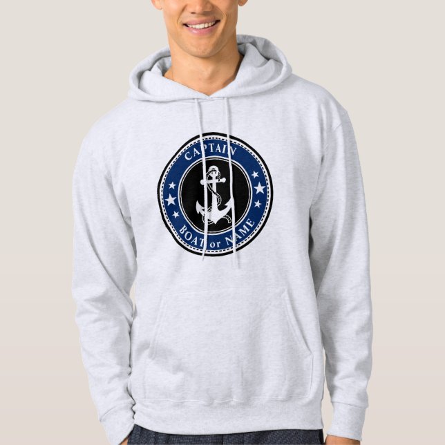 Navy Anchor & Rope Captain Name or Boat Blue Gray Hoodie (Front)
