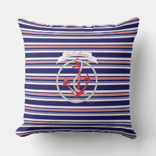 Navy Anchor, Rope, Red, Blue Stripes Throw Pillow