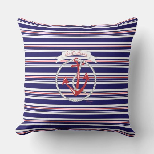 Navy Anchor Rope Red Blue Stripes Throw Pillow