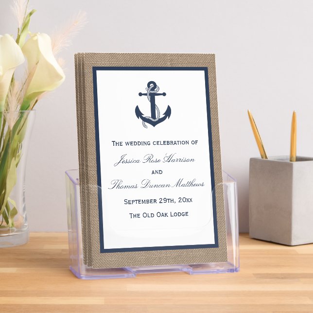 Navy Anchor Rustic Burlap Beach Wedding Program Brochure (Insitu)