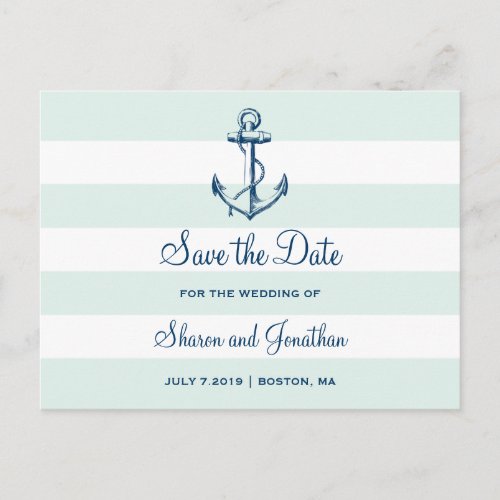 Navy Anchor  Stripes Beach Wedding Save the Date Announcement Postcard