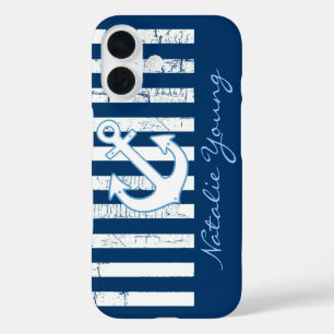 Navy Anchor & Stripes personalized iPhone 16 Case