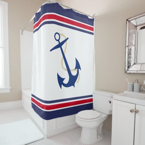 Navy Anchor with Stripes Nautical Shower Curtain
