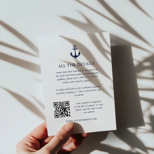 Navy Anchor Yacht Nautical WEDDING QR Code details Enclosure Card