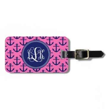Navy Anchors Hot Pink, Vine Script Monogram lLk Bag Tag Navy Anchors Hot Pink, Vine Script Monogram lLk Bag Tag