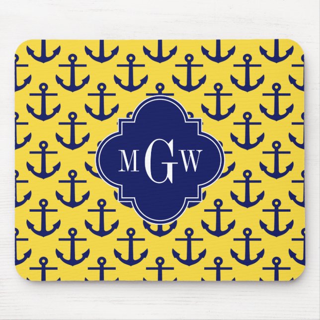 Navy Anchors Pineapple BG, Navy 3 Initial Monogram Mouse Pad (Front)