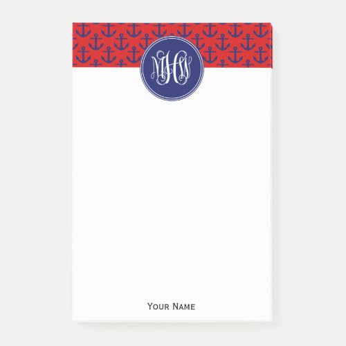 Navy Anchors Red White Vine Monogram DIY BG Post_it Notes