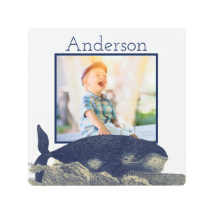 Navy Anchors waves Blue Nautical Photo Frame Metal Print