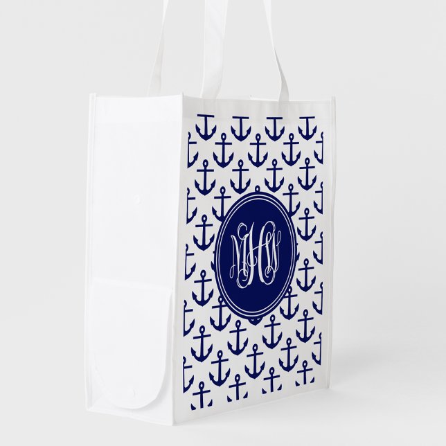Navy Anchors White, Navy 3 Initial Monogram DIY BG Grocery Bag (Creator Uploaded)