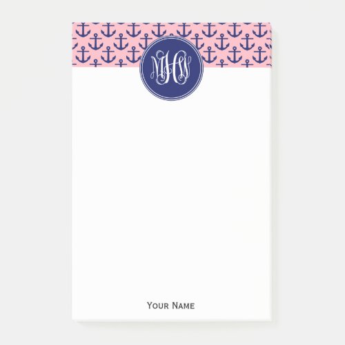 Navy Anchors White Vine Script Monogram DIY BG Post_it Notes