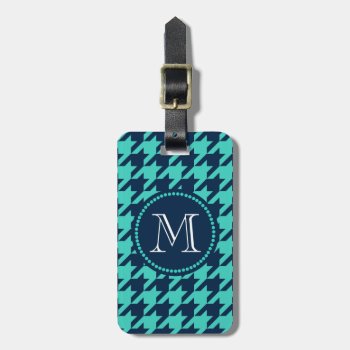 Navy And Aqua Houndstooth Luggage Tag by PandaCatGallery at Zazzle