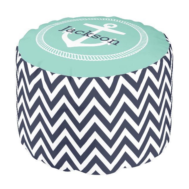 Navy and Aqua Nautical Chevron Anchor Monogram Pouf (Angled Front)