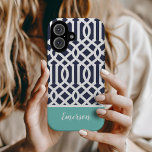 Navy and Aqua Trellis Monogram iPhone 16 Case<br><div class="desc">Stylish custom phone case in navy blue, turquoise and white colors. This design features a preppy Moroccan trellis pattern. Personalize it with your name or other custom text in a modern script monogram font. Use the design tools to choose any background colors, edit the text fonts and colors and upload...</div>