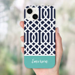 Navy and Aqua Trellis Monogram Case-Mate iPhone 14 Case<br><div class="desc">Stylish custom phone case in navy blue, turquoise and white colors. This design features a preppy Moroccan trellis pattern. Personalize it with your name or other custom text in a modern script monogram font. Use the design tools to choose any background colors, edit the text fonts and colors and upload...</div>