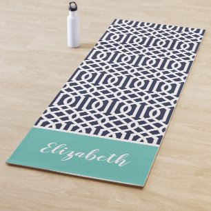 Navy and Aqua Trellis Monogram   Editable Colors Yoga Mat