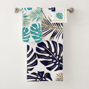 Navy and aqua tropical leaves and monogram bath towel set