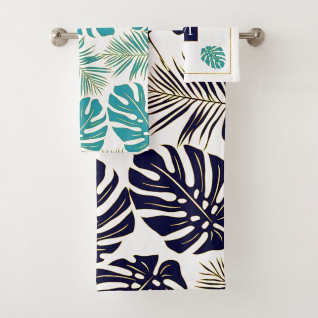 Navy and aqua tropical leaves and monogram bath towel set (Insitu)
