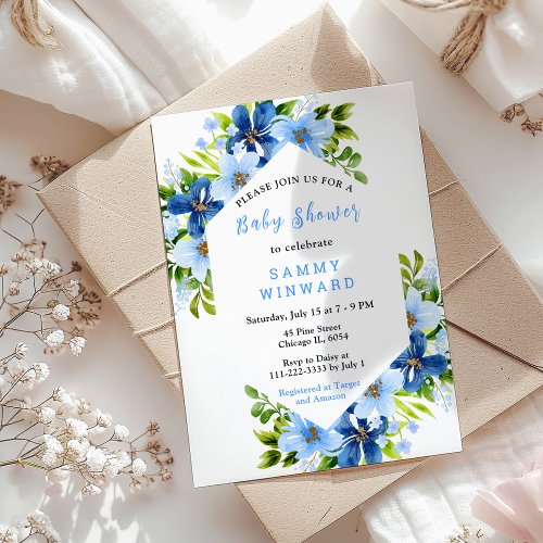 Navy and Baby Blue Floral Baby Shower Invitation