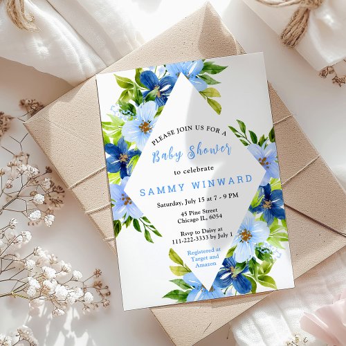 Navy and Baby Blue Floral Baby Shower Invitation