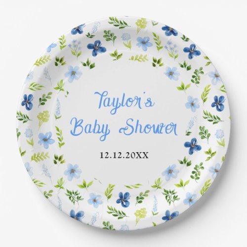 Navy and Baby Blue Floral Baby Shower Paper Plates