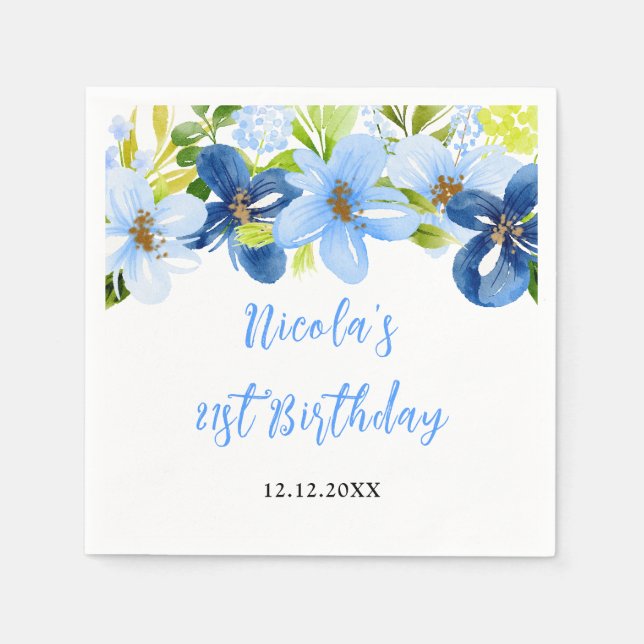 Navy and Baby Blue Floral Birthday Napkins (Front)