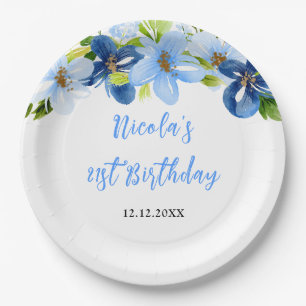 Navy and Baby Blue Floral Birthday Paper Plates