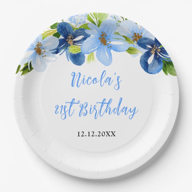 Navy and Baby Blue Floral Birthday Paper Plates (Front)
