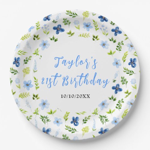 Navy and Baby Blue Floral Birthday Paper Plates