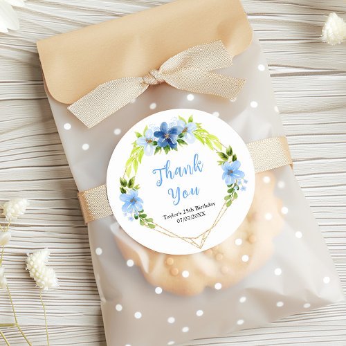 Navy and Baby Blue Floral Birthday Party Thank You Classic Round Sticker