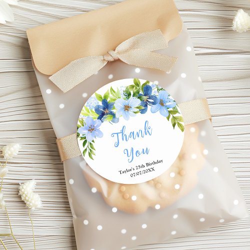 Navy and Baby Blue Floral Birthday Party Thank You Classic Round Sticker