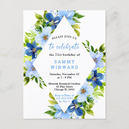 Navy and Baby Blue Floral Birthday Postcard