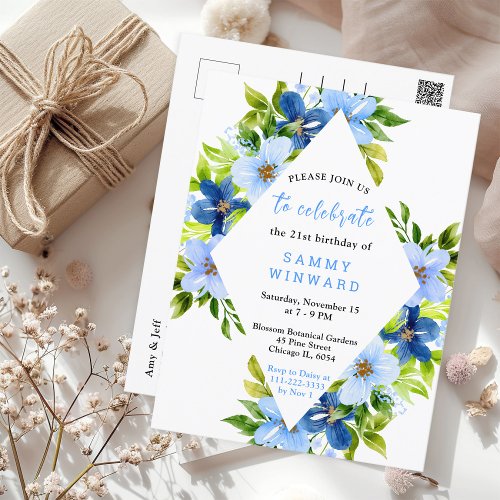 Navy and Baby Blue Floral Birthday Postcard