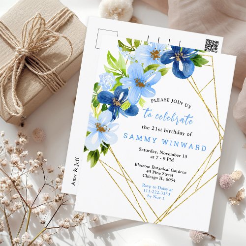 Navy and Baby Blue Floral Birthday Postcard
