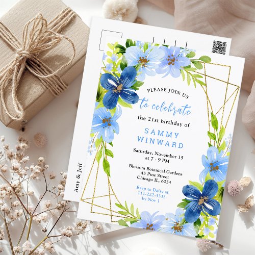 Navy and Baby Blue Floral Birthday Postcard