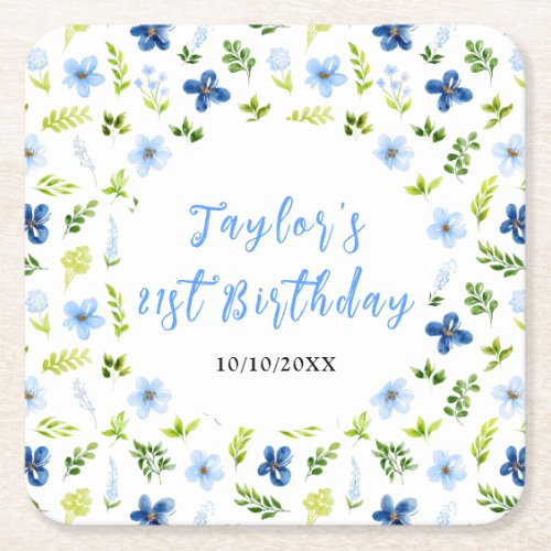 Navy and Baby Blue Floral Birthday Square Paper Coaster