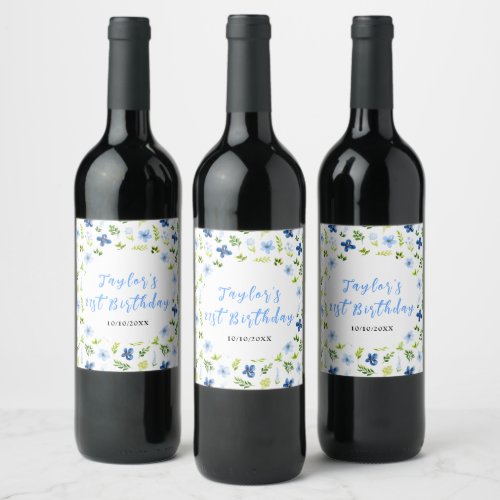 Navy and Baby Blue Floral Birthday Wine Label