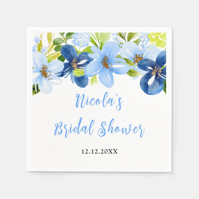 Navy and Baby Blue Floral Bridal Shower Napkins (Front)