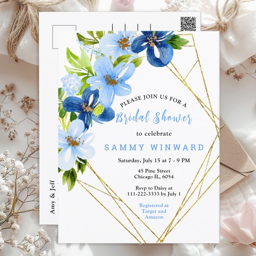 Navy and Baby Blue Floral Bridal Shower Postcard